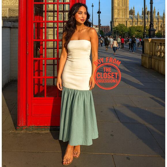 ZARA Strapless Pleated Midi Dress NWT – White & Sage Green, Size M & L - Picture 1 of 16